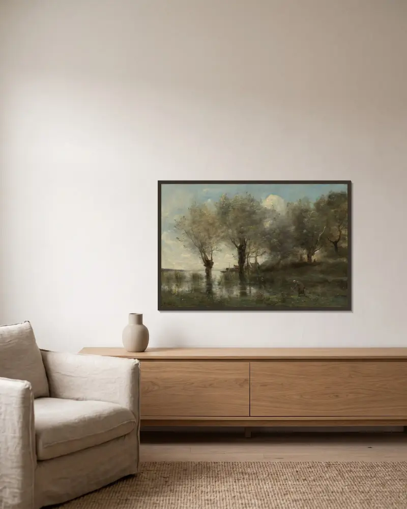 A Pond in Picardy av Jean-Baptiste-Camille Corot inramad på en vägg