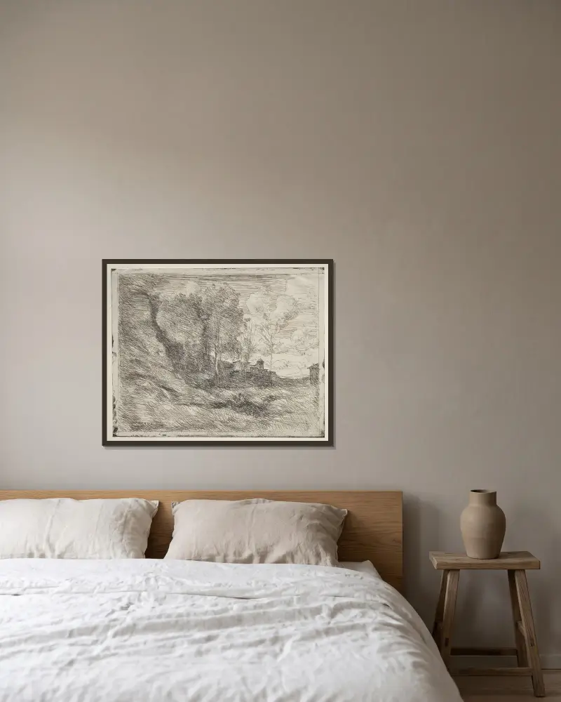 Eine Erinnerung an Ostia von Jean-Baptiste-Camille Corot gerahmt an einer Wand