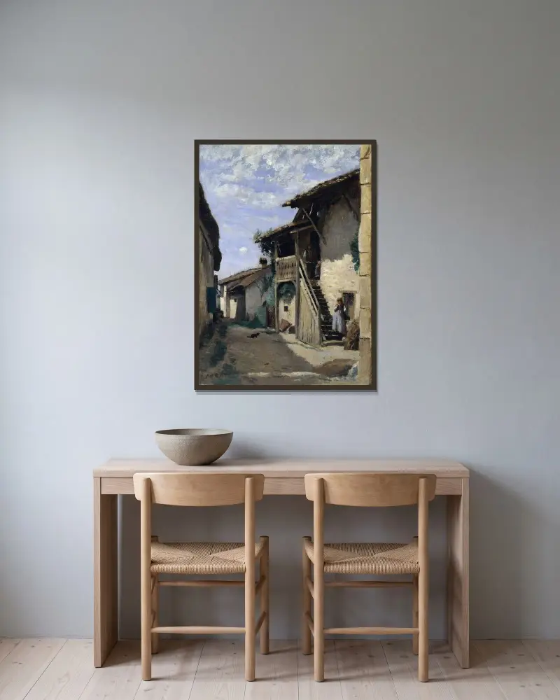 A Village Street- Dardagny av Jean-Baptiste-Camille Corot inramad på en vägg