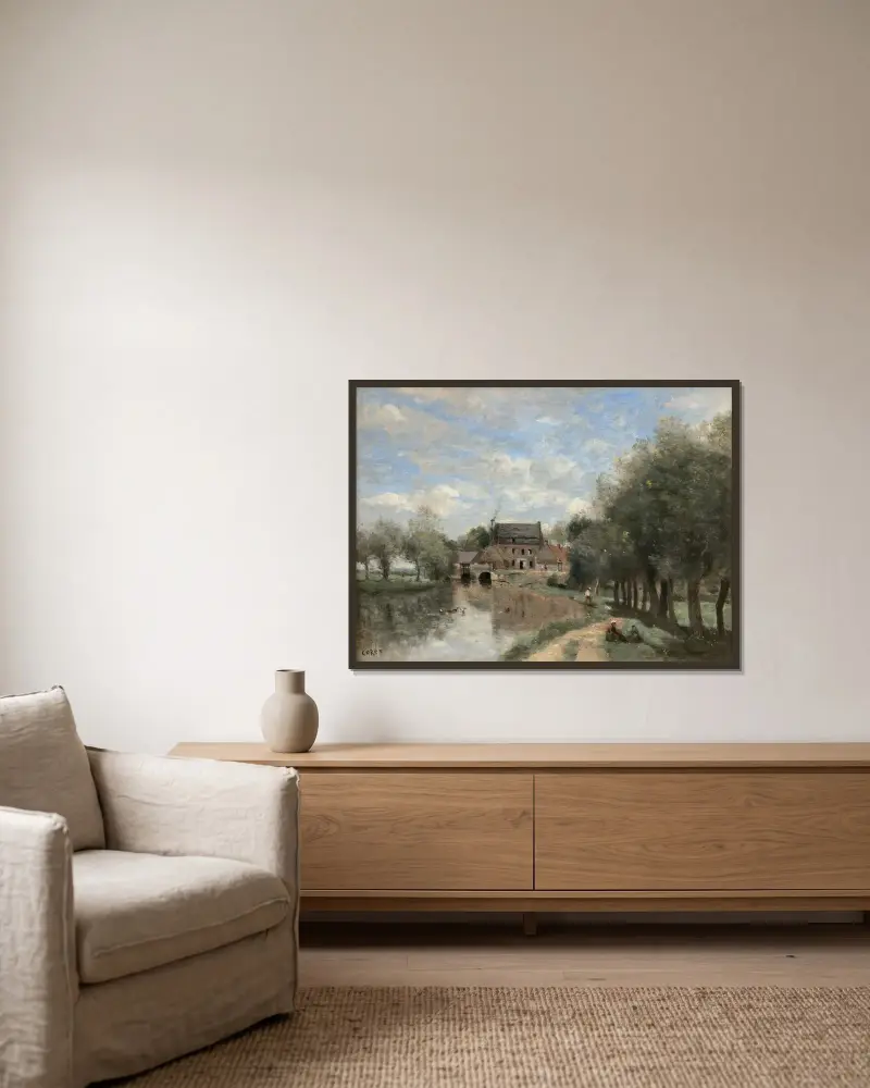 Arleux-du-Nord; Drocourt-kvarnen vid Sensée av Jean-Baptiste-Camille Corot inramad på en vägg