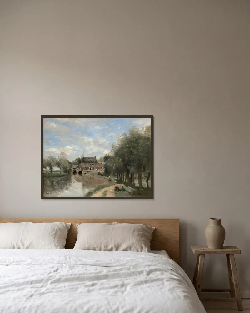 Arleux-du-Nord; Drocourt-kvarnen vid Sensée av Jean-Baptiste-Camille Corot inramad på en vägg