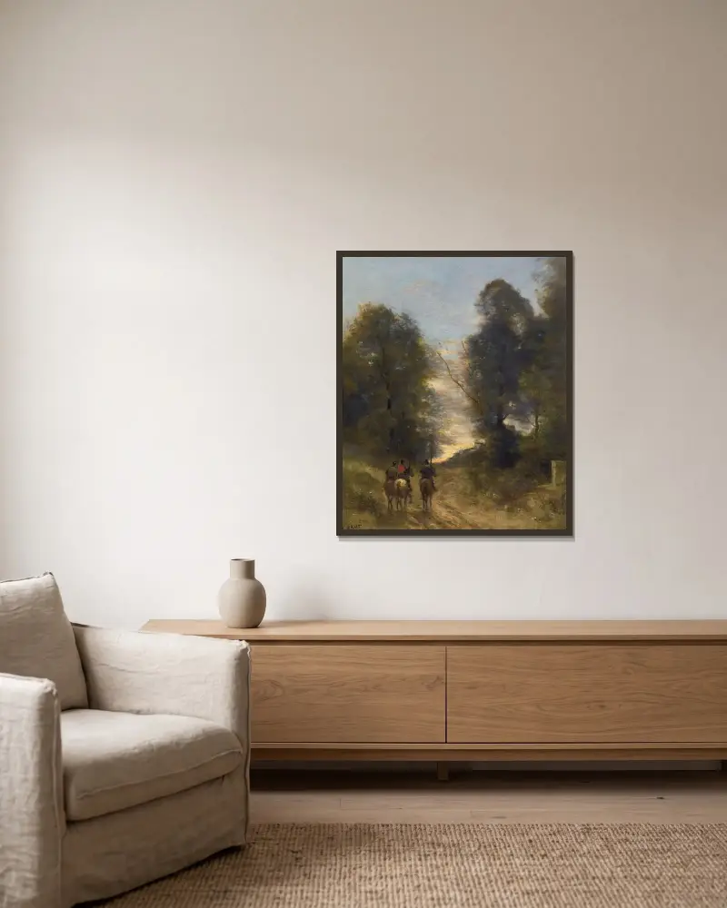 Galliska ryttare i ett landskap av Jean-Baptiste-Camille Corot inramad på en vägg