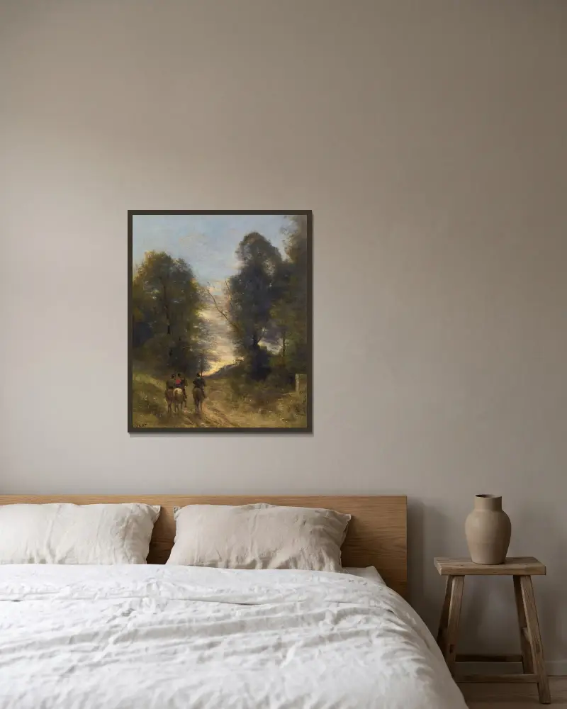 Galliska ryttare i ett landskap av Jean-Baptiste-Camille Corot inramad på en vägg