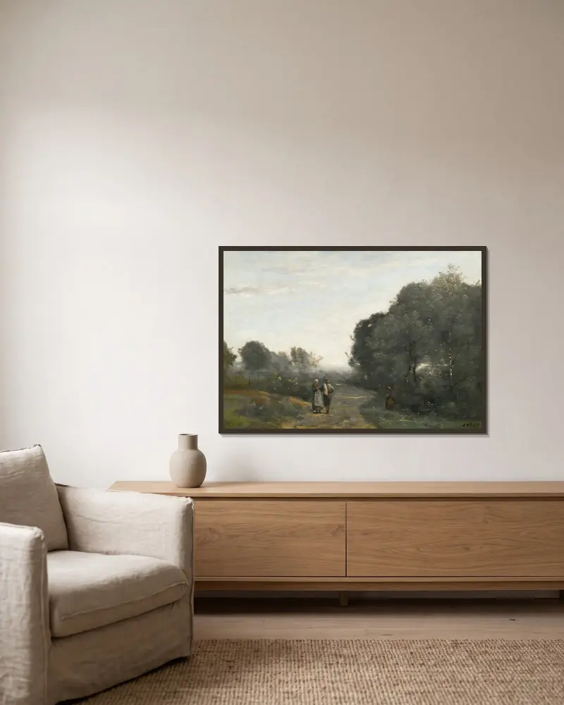 Chaville, Le Matin Au Printemps av Jean-Baptiste-Camille Corot inramad på en vägg