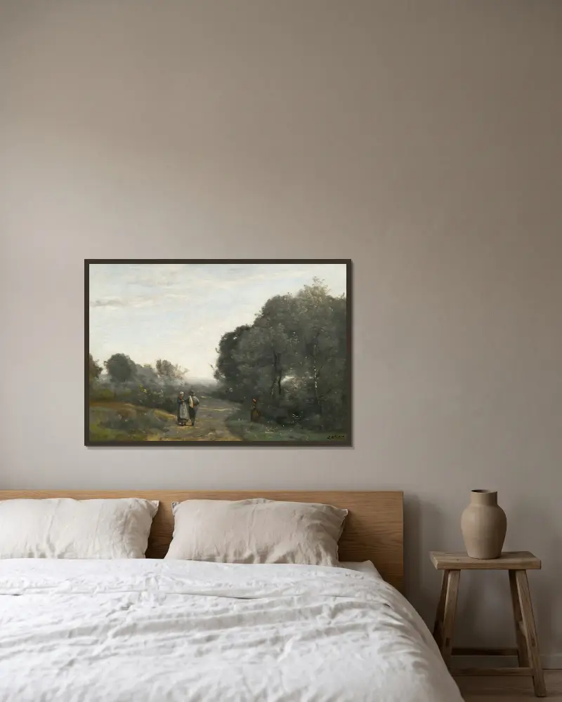 Chaville, Le Matin Au Printemps av Jean-Baptiste-Camille Corot inramad på en vägg