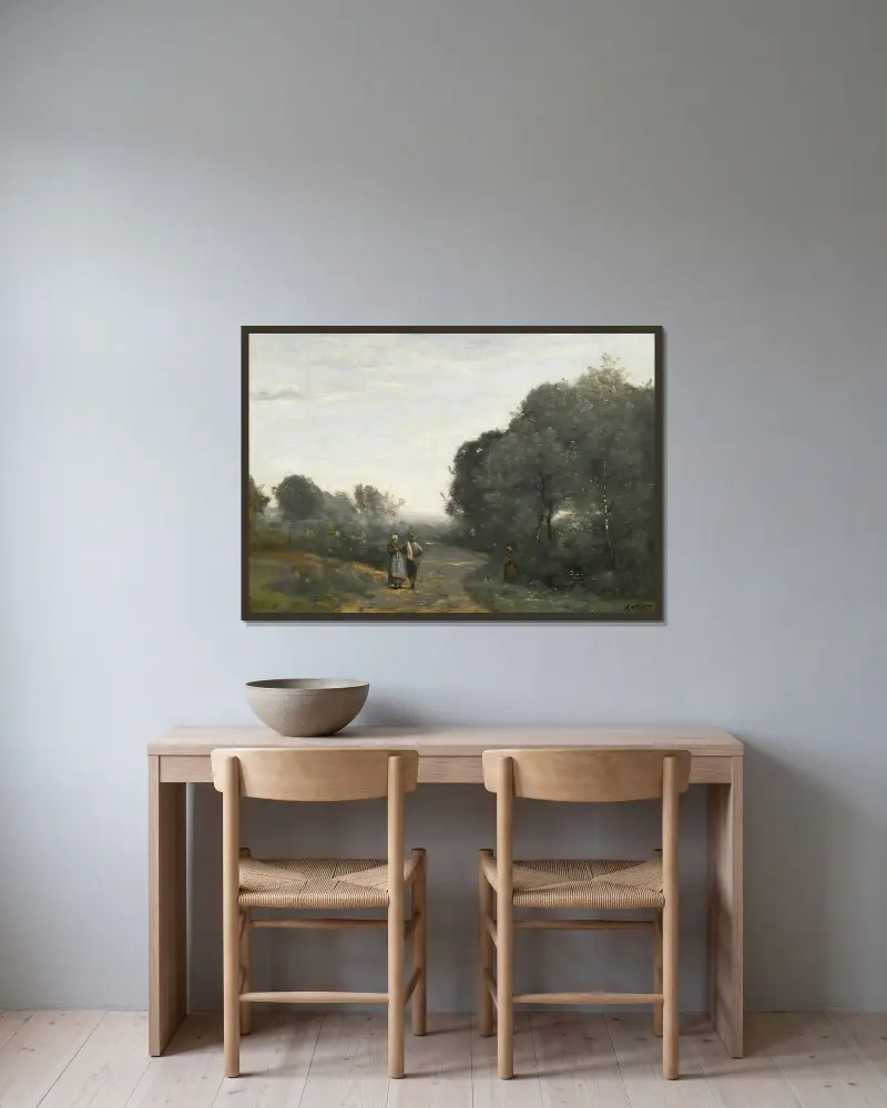 Chaville, Le Matin Au Printemps av Jean-Baptiste-Camille Corot inramad på en vägg