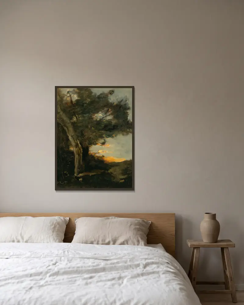 Coucher De Soleil Avec Une Lionne av Jean-Baptiste-Camille Corot inramad på en vägg