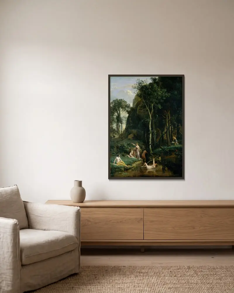 Diana und Aktaion (Diana in ihrem Bad überrascht) von Jean-Baptiste-Camille Corot gerahmt an einer Wand