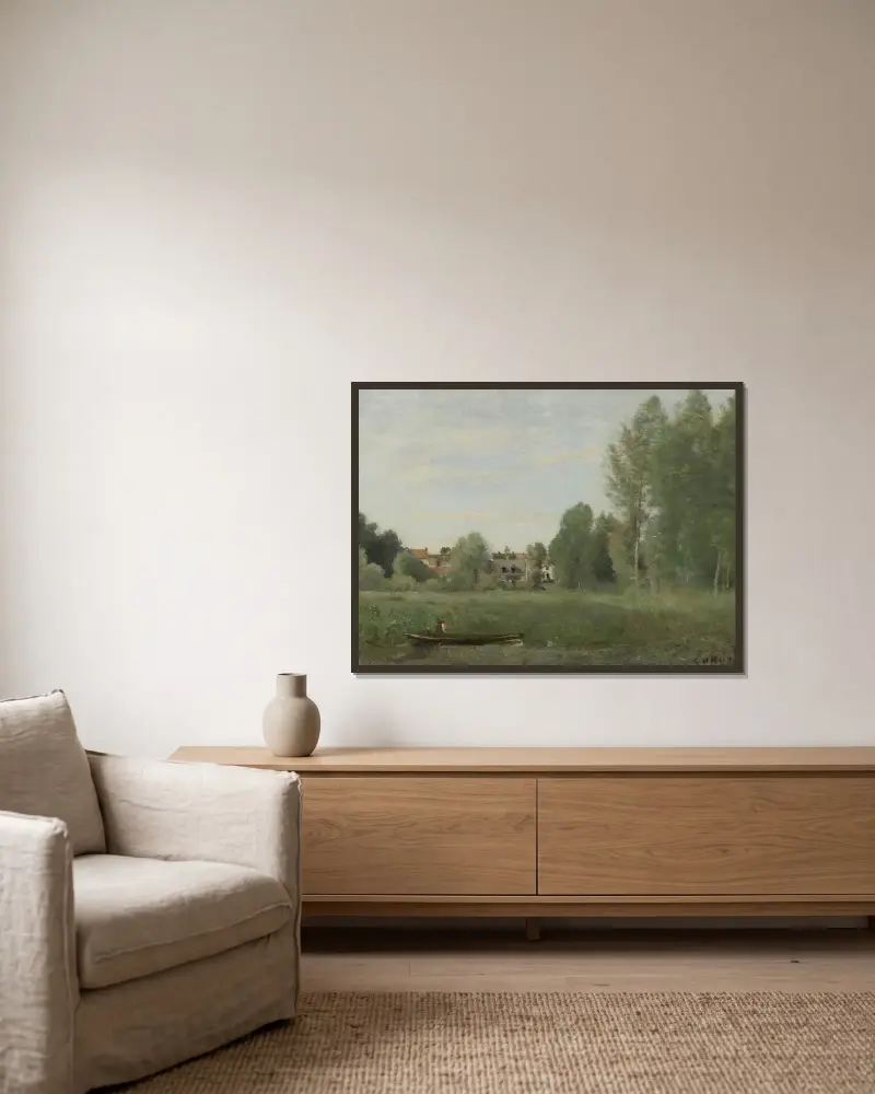 Omgivningarna kring Mantes, små boningar gömda bland träden nära vattenbrynet av Jean-Baptiste-Camille Corot inramad på en vägg
