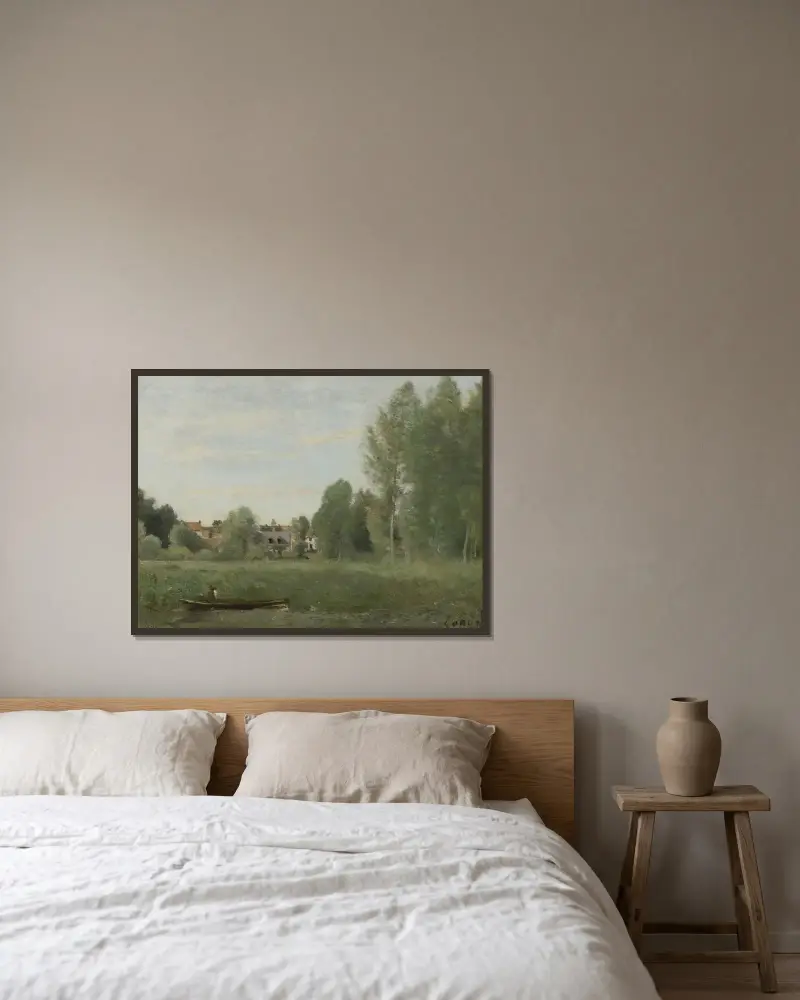Omgivningarna kring Mantes, små boningar gömda bland träden nära vattenbrynet av Jean-Baptiste-Camille Corot inramad på en vägg