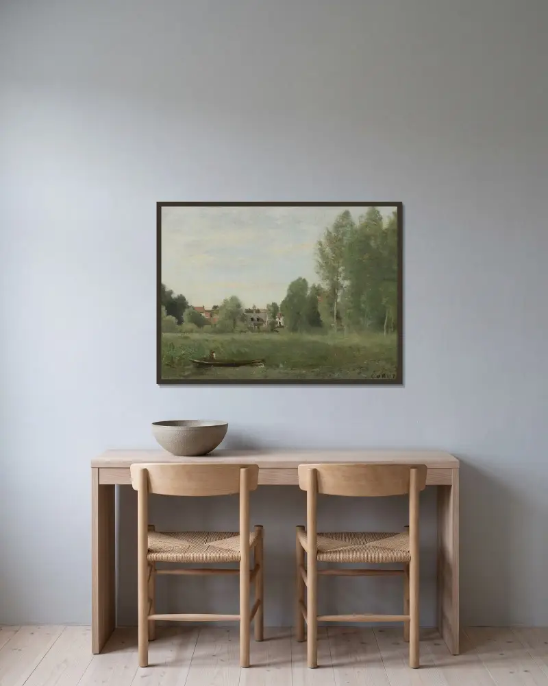 Omgivningarna kring Mantes, små boningar gömda bland träden nära vattenbrynet av Jean-Baptiste-Camille Corot inramad på en vägg