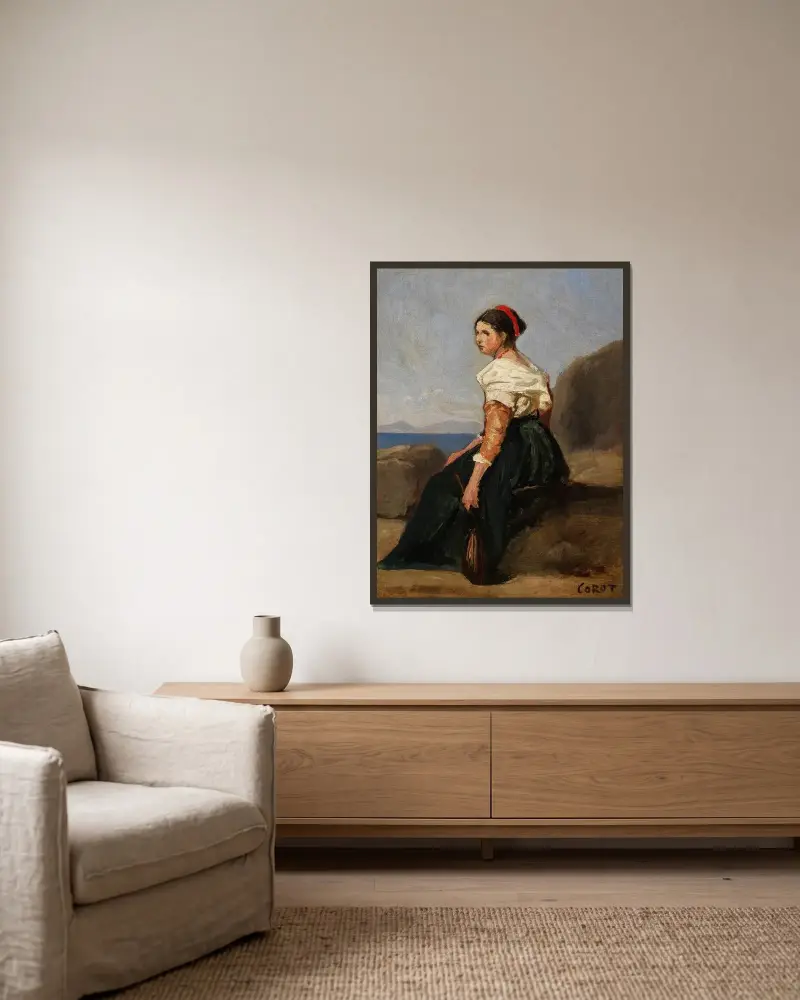 Femme assise, tenant une mandoline av Jean-Baptiste-Camille Corot inramad på en vägg
