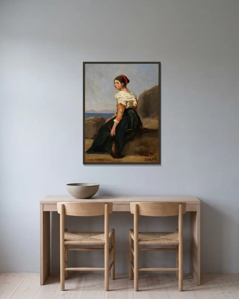 Femme assise, tenant une mandoline av Jean-Baptiste-Camille Corot inramad på en vägg