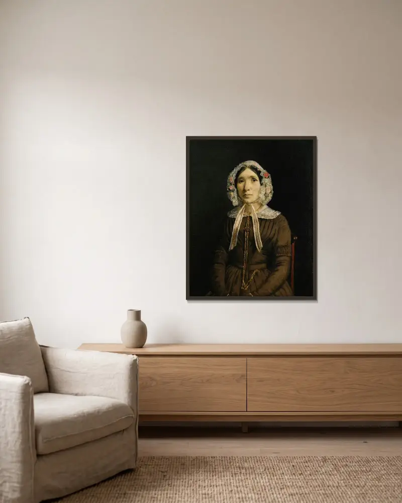 Femme au bonnet de dentelle av Jean-Baptiste-Camille Corot inramad på en vägg
