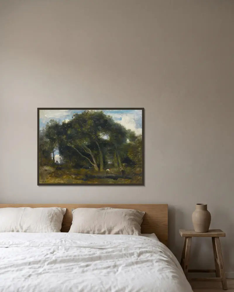Fontainebleau-Chênes Inclinés Dans Une Éclaircie De Forêt av Jean-Baptiste-Camille Corot inramad på en vägg