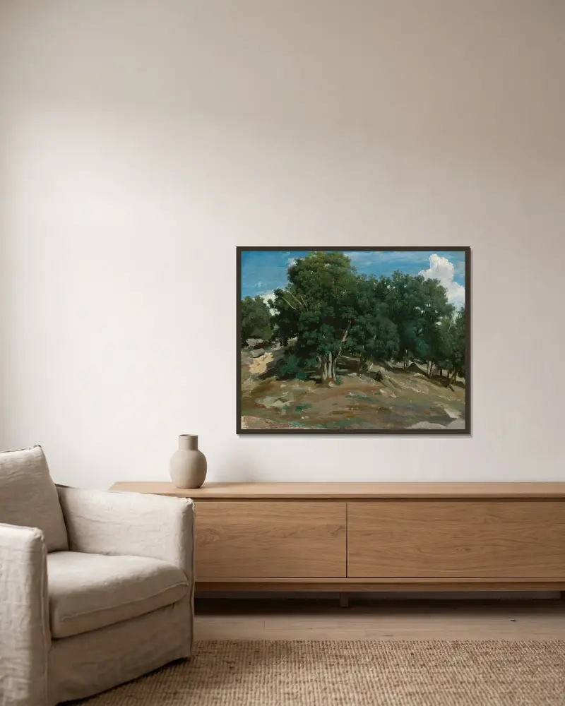 Fontainebleau; Oak Trees at Bas-Bréau av Jean-Baptiste-Camille Corot inramad på en vägg