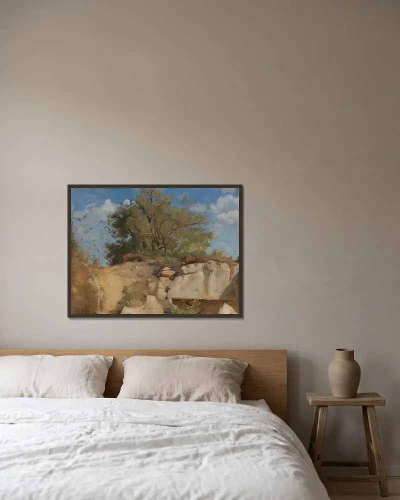 Fontainebleau, Sommet De Carrière Boisée av Jean-Baptiste-Camille Corot inramad på en vägg