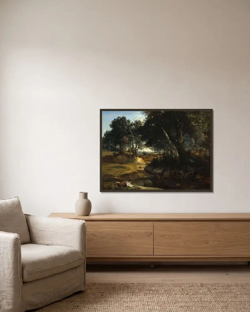 Forest of Fontainebleau av Jean-Baptiste-Camille Corot inramad på en vägg
