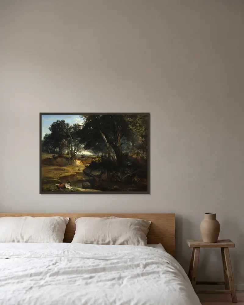 Forest of Fontainebleau av Jean-Baptiste-Camille Corot inramad på en vägg