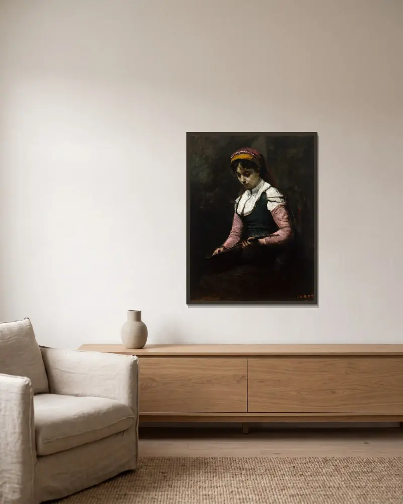 Mädchen mit Mandoline von Jean-Baptiste-Camille Corot gerahmt an einer Wand
