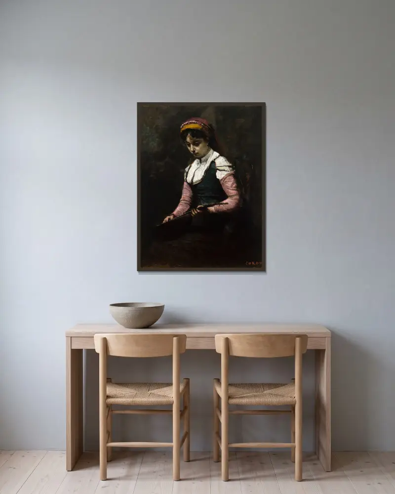 Mädchen mit Mandoline von Jean-Baptiste-Camille Corot gerahmt an einer Wand