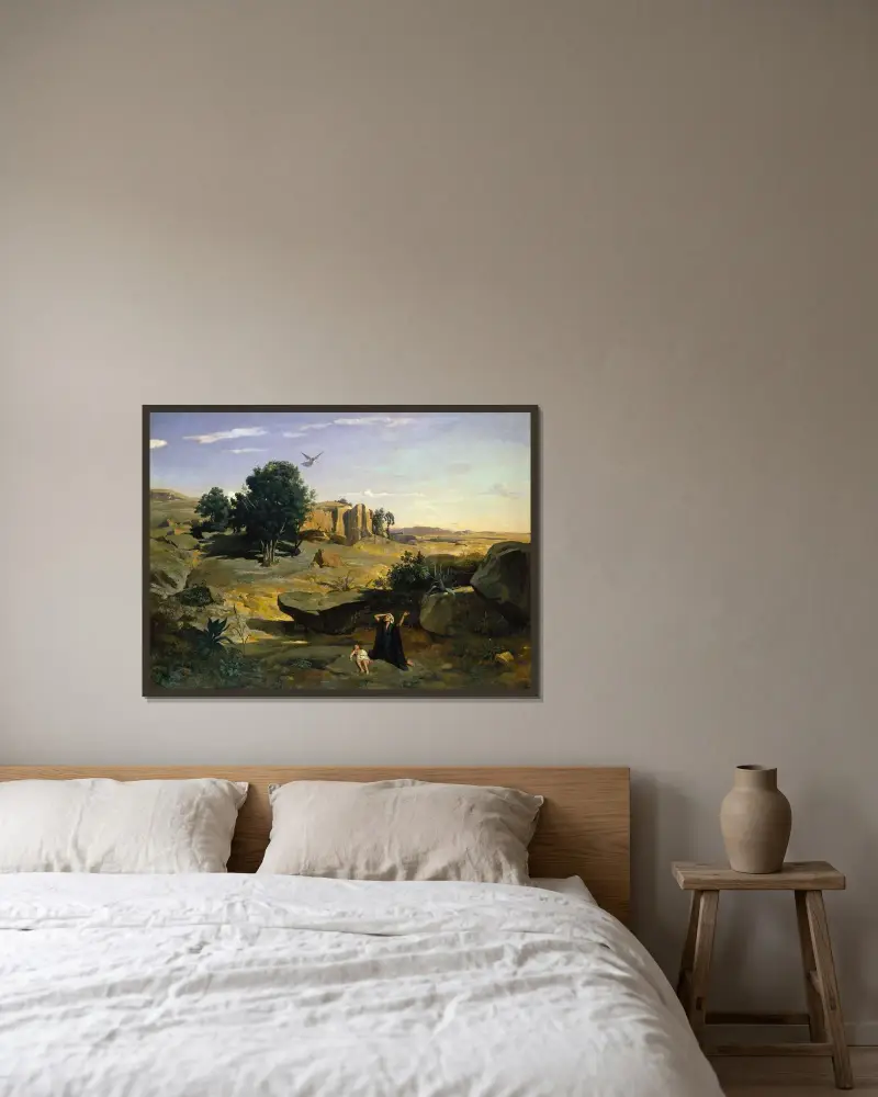 Hagar in the Wilderness av Jean-Baptiste-Camille Corot inramad på en vägg