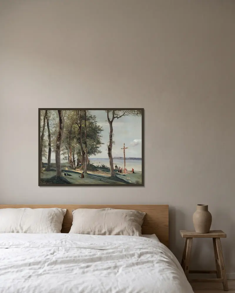 Honfleur; Kalvarienberg von Jean-Baptiste-Camille Corot gerahmt an einer Wand