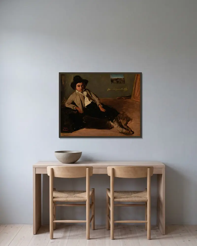 Jeune italien assis av Jean-Baptiste-Camille Corot inramad på en vägg