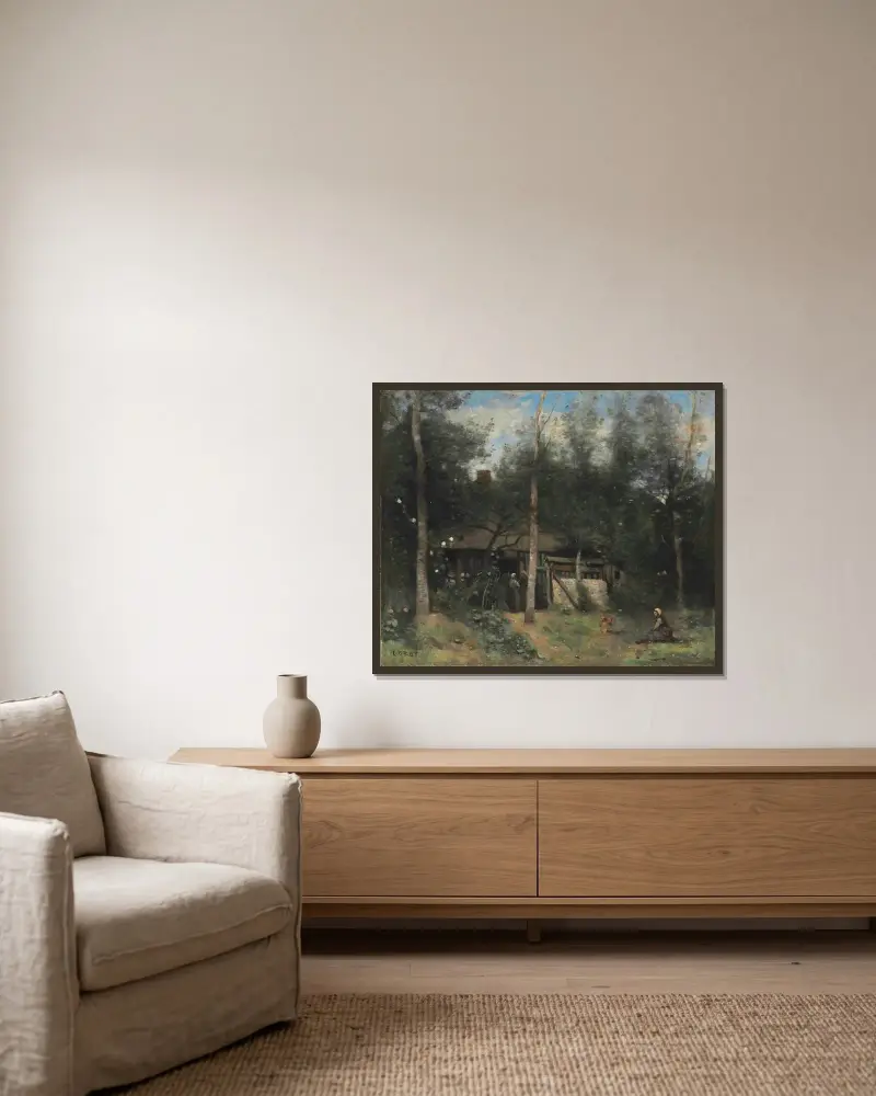 Stugan med fläderbuskarna, Normandie av Jean-Baptiste-Camille Corot inramad på en vägg