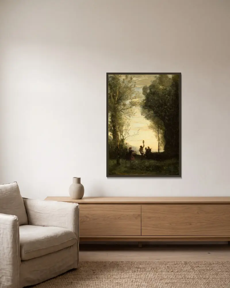 Der italienische Tanz von Jean-Baptiste-Camille Corot gerahmt an einer Wand