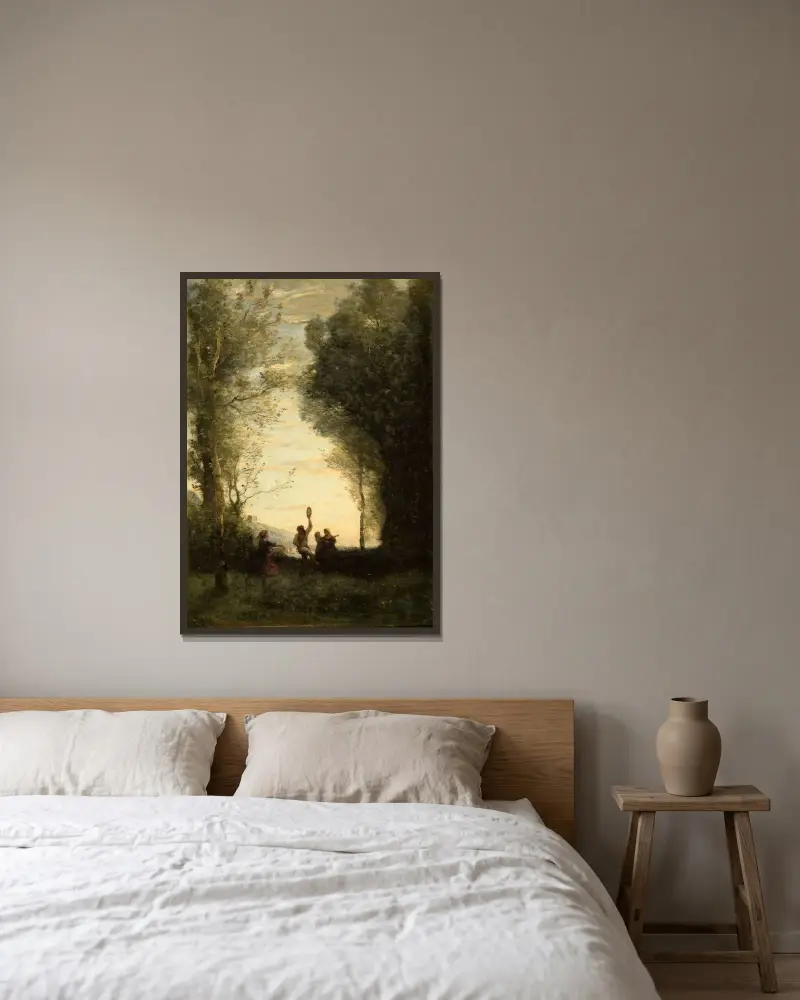 Der italienische Tanz von Jean-Baptiste-Camille Corot gerahmt an einer Wand