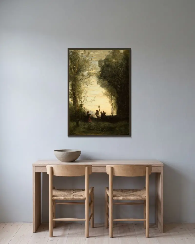 Der italienische Tanz von Jean-Baptiste-Camille Corot gerahmt an einer Wand