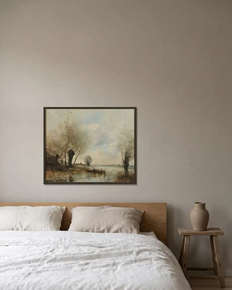 Fiske från båt vid videorna av Jean-Baptiste-Camille Corot inramad på en vägg