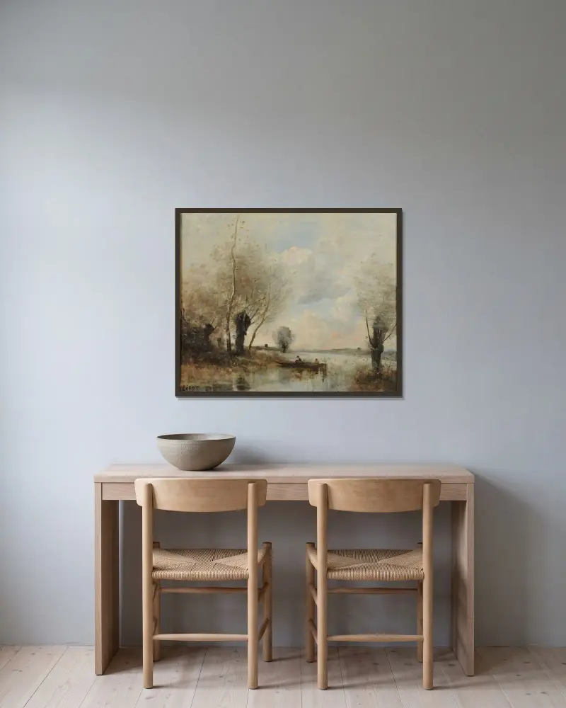 Fiske från båt vid videorna av Jean-Baptiste-Camille Corot inramad på en vägg