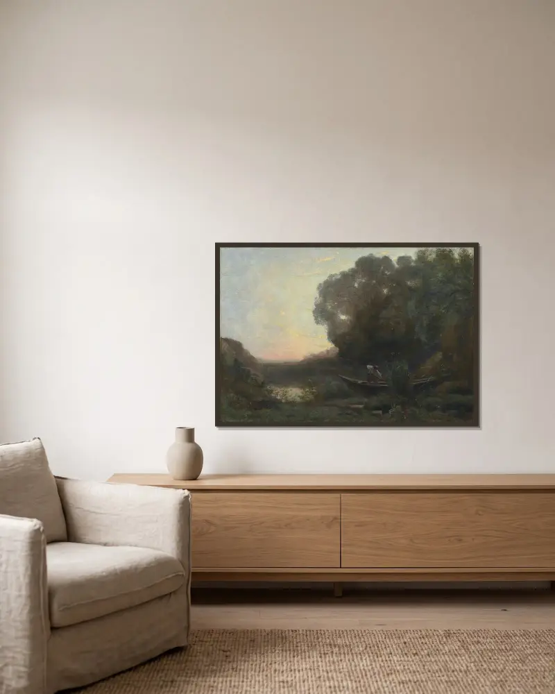 Le batelier à la rive. Soleil couchant av Jean-Baptiste-Camille Corot inramad på en vägg