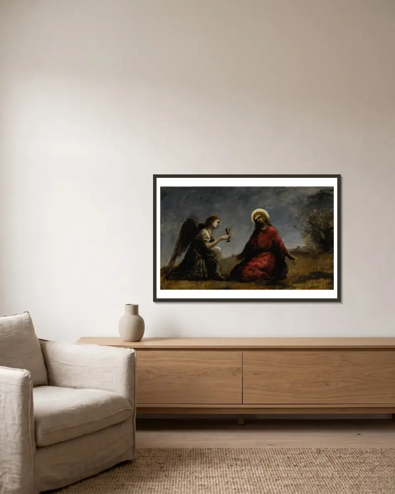 Christus am Ölberg von Jean-Baptiste-Camille Corot gerahmt an einer Wand