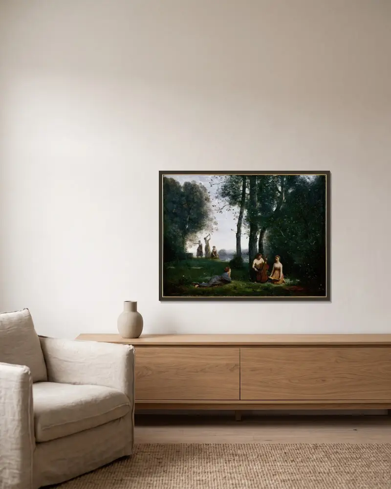 Le Concert champêtre av Jean-Baptiste-Camille Corot inramad på en vägg
