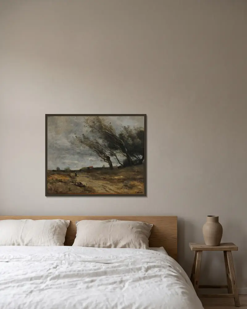Der Windstoß von Jean-Baptiste-Camille Corot gerahmt an einer Wand