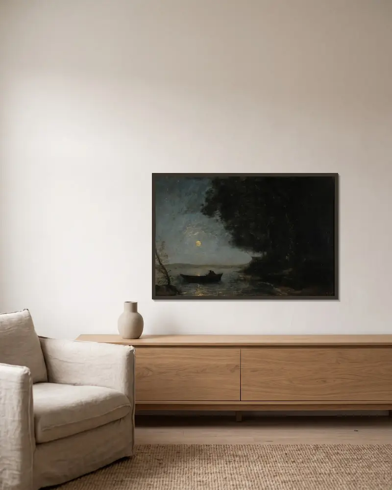Le lac ; effet de nuit av Jean-Baptiste-Camille Corot inramad på en vägg