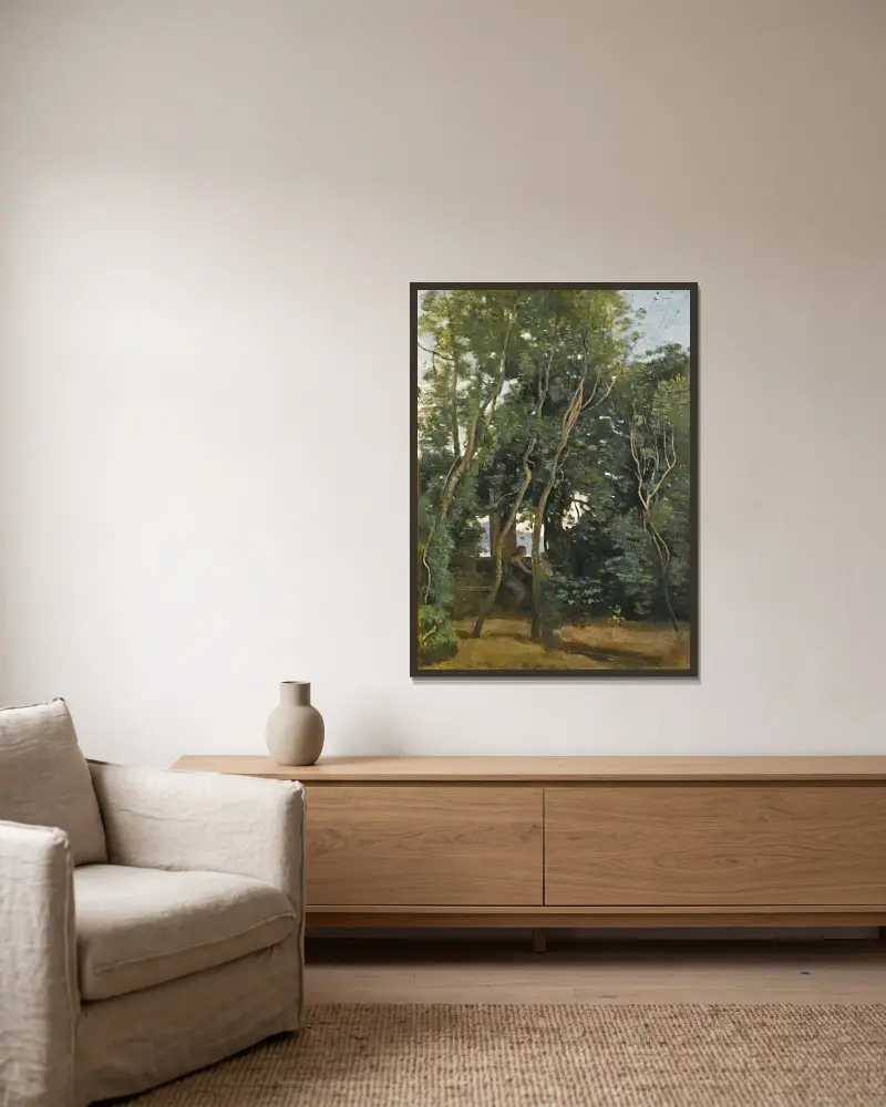 Le Matin Sous Les Arbres – nr 1 av Jean-Baptiste-Camille Corot inramad på en vägg