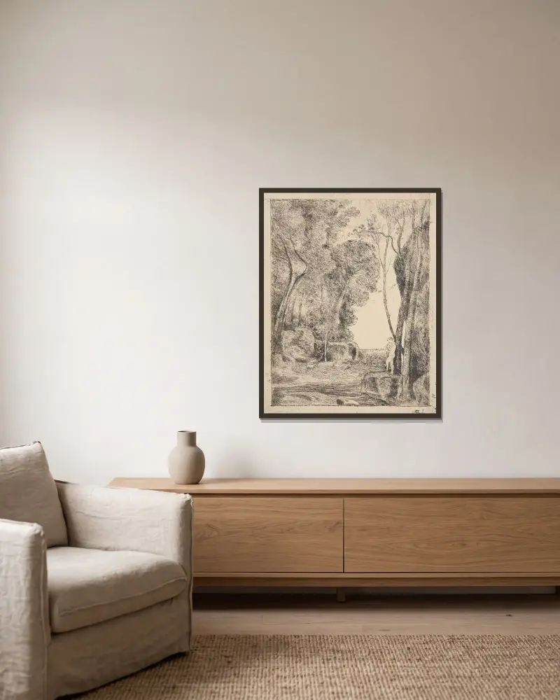 Der kleine Hirte von Jean-Baptiste-Camille Corot gerahmt an einer Wand