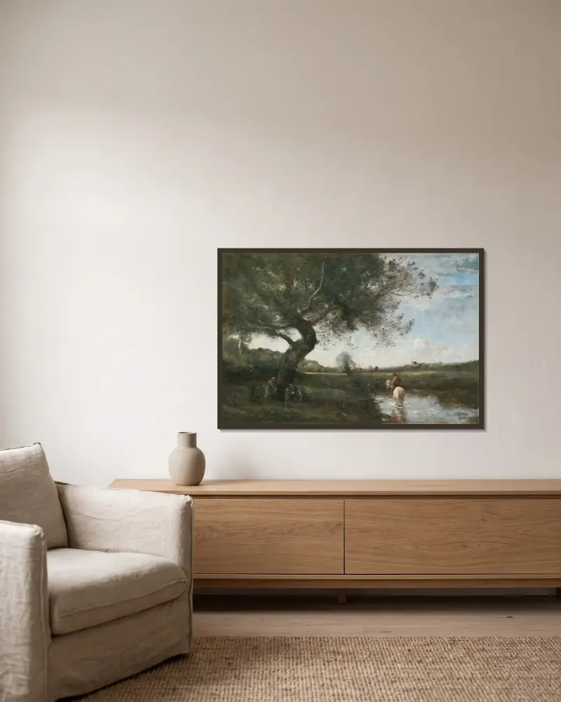 Le Ruisseau Au Cheval Blanc av Jean-Baptiste-Camille Corot inramad på en vägg