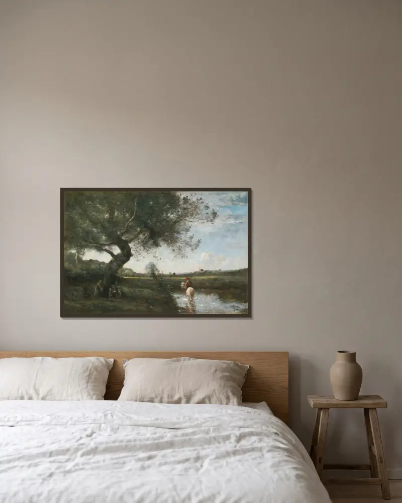 Le Ruisseau Au Cheval Blanc av Jean-Baptiste-Camille Corot inramad på en vägg