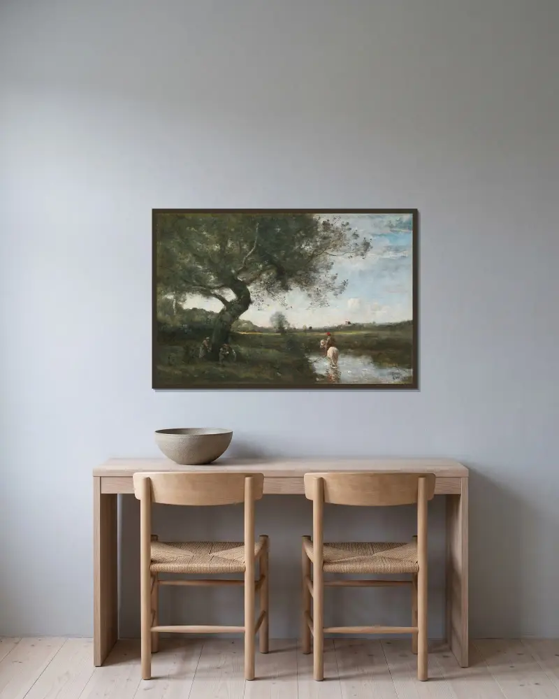 Le Ruisseau Au Cheval Blanc av Jean-Baptiste-Camille Corot inramad på en vägg
