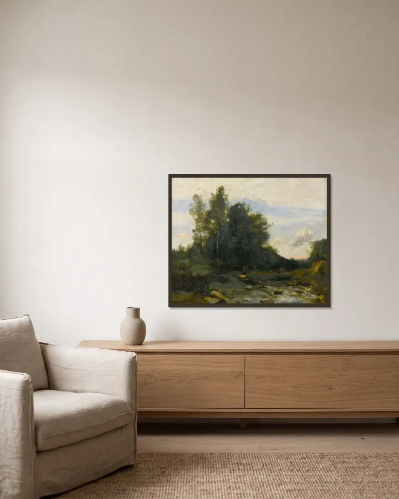 Der steinige Wildbach (Dämmerung) von Jean-Baptiste-Camille Corot gerahmt an einer Wand
