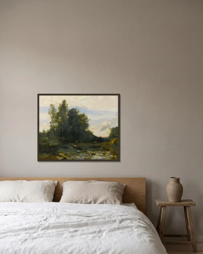 Der steinige Wildbach (Dämmerung) von Jean-Baptiste-Camille Corot gerahmt an einer Wand