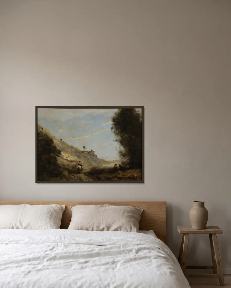 Le vallon au cavalier av Jean-Baptiste-Camille Corot inramad på en vägg