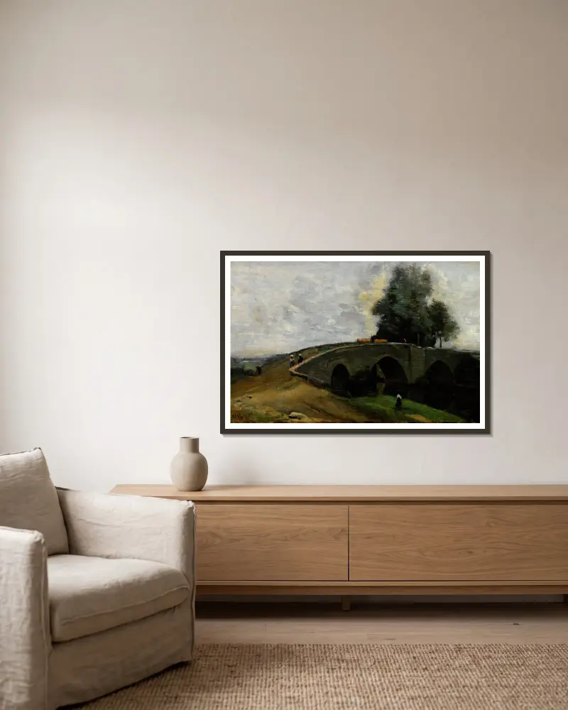 Le vieux pont av Jean-Baptiste-Camille Corot inramad på en vägg