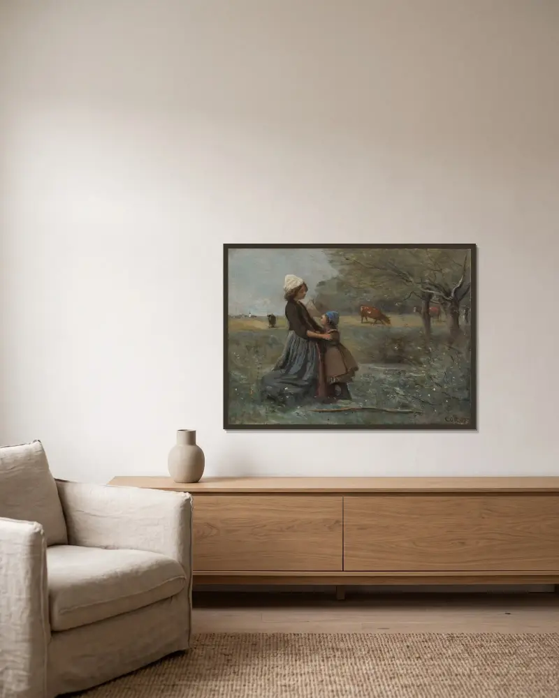 De två systrarna på ängen av Jean-Baptiste-Camille Corot inramad på en vägg