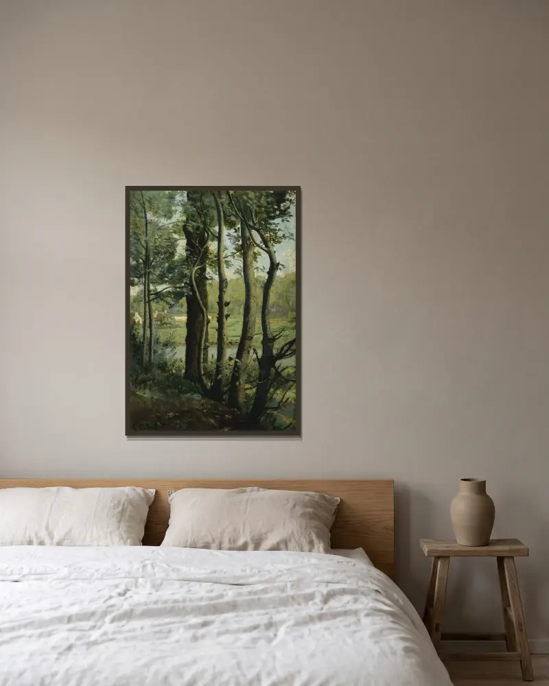 Les Evaux, près Château-Thierry, chemin bordé d’arbres av Jean-Baptiste-Camille Corot inramad på en vägg